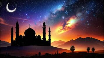 AI generated the silhouette of a mosque in the middle of the desert and the sky is full of stars and there are several shooting stars video