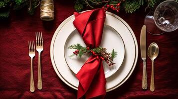 AI generated Table decor, holiday tablescape and formal dinner table setting for Christmas, holidays and event celebration, English country decoration and home styling photo