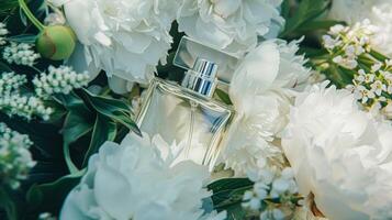 AI generated Perfume bottle in flowers, fragrance on blooming background, floral scent and cosmetic product photo