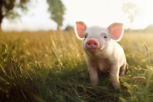 ai generado linda cerdito sentado en césped. bebé cerdo en el meadou en soleado verano. imagen es bueno para tarjeta, póster, bandera foto