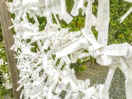 Nara city, Japan, 2016 - Closeup of Japanease Omikuji random fortunes paper tied to rope wire for good luck at Kasuga Japanese shrine in Nara city. photo