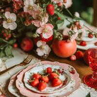 AI generated Country tablescape, formal dinner table setting, table scape with strawberry decoration for wedding party and holiday event celebration, generative ai photo