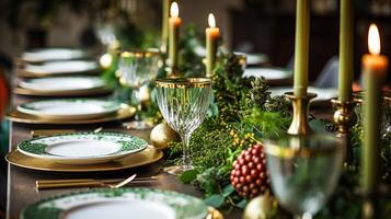 AI generated Table decor, holiday tablescape and formal dinner table setting for Christmas, holidays and event celebration, English country decoration and home styling photo