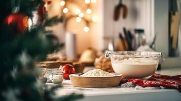 ai generado Navidad horneando, Días festivos receta y hogar cocinando, fiesta hornea, ingredientes y preparación en Inglés país cabaña cocina, hecho en casa comida y libro de cocina foto