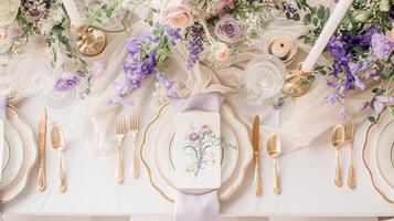 AI generated Wedding decor with lavender theme, floral decoration design and beautiful decor setting arrangement photo