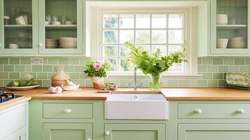 AI generated Mint cottage kitchen interior design, home decor and house improvement, English in frame kitchen cabinets in a country house photo