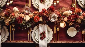 AI generated Autumn holiday tablescape, formal dinner table setting, table scape with elegant autumnal floral decor for wedding party and event decoration photo