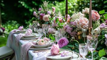 ai generado jardín fiesta paisaje de mesa, elegancia con floral mesa decoración foto