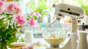 AI generated Electric mixer whipping cream in glass bowl, homemade baking and traditional food, country life photo