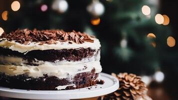 AI generated Christmas cake, holiday recipe and home baking, pudding with creamy icing for cosy winter holidays tea in the English country cottage, homemade food and cooking photo