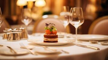 AI generated Exquisite main course meal at a luxury restaurant, wedding food catering and English cuisine photo