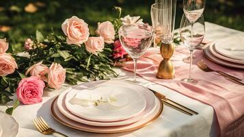 AI generated Wedding and event celebration tablescape with flowers, formal dinner table setting with roses and wine, elegant floral table decor for dinner party and holiday decoration, home styling photo