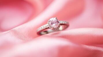 ai generado joyería, propuesta y fiesta regalo, diamante compromiso anillo en rosado seda tela, símbolo de amar, romance y compromiso foto