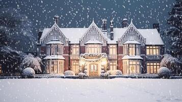 AI generated Christmas in the countryside manor, English country house mansion decorated for holidays on a snowy winter evening with snow and holiday lights, Merry Christmas and Happy Holidays photo