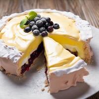 AI generated Meringue cake pudding with lemon curd sauce and berries as food, bakery and holiday baking recipe, generative ai photo