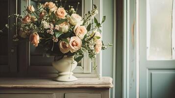 ai generado primavera flores en Clásico florero, hermosa floral acuerdo, hogar decoración, Boda y florista diseño foto