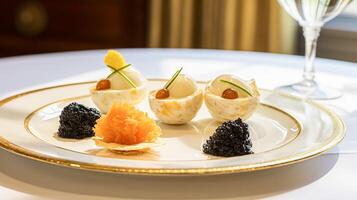 AI generated Food, hospitality and room service, starter appetisers with caviar as exquisite cuisine in hotel restaurant a la carte menu, culinary art and fine dining photo