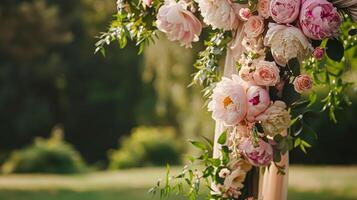 ai generado Boda decoración con peonias, floral decoración y evento celebracion, peonía flores y Boda ceremonia en el jardín, Inglés país estilo foto