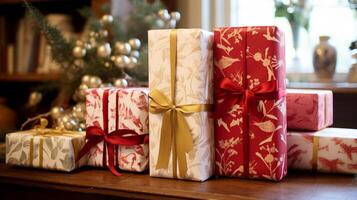 AI generated Christmas gift wrapping idea for boxing day and winter holidays in the English countryside tradition photo