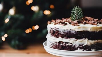 AI generated Christmas cake, holiday recipe and home baking, pudding with creamy icing for cosy winter holidays tea in the English country cottage, homemade food and cooking photo