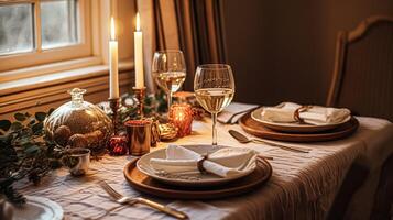 AI generated Festive date night tablescape idea, dinner table setting for two and Christmas, New Year, Valentines day decor, English country home styling photo