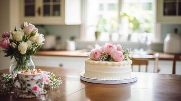 AI generated Homemade birthday cake in the English countryside house, cottage kitchen food and holiday baking recipe photo