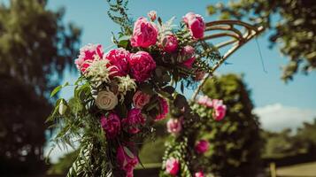 ai generado Boda decoración con peonias, floral decoración y evento celebracion, peonía flores y Boda ceremonia en el jardín, Inglés país estilo foto