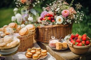 AI generated Summer garden harvest, farmers market and country buffet table, cakes and desserts in wicker basket in the garden, food catering for wedding and holiday celebration, floral decor photo