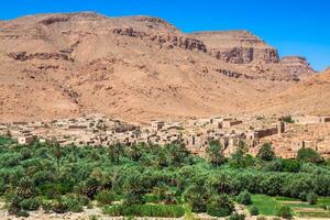 Wide view of cultivated fields and palms in Errachidia Morocco North Africa Africa, deep blue sky photo