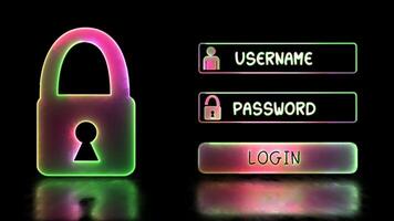 Glowing looping icon login security concept neon effect, black background video