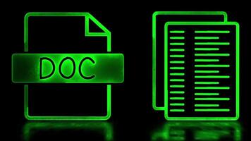 Glowing looping icon document neon effect, black background video