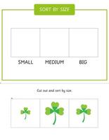 ort by size activity with shamrocks for for St Patricks Day. Educational game. Sorting worksheet vector