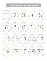 Tracing practice worksheet for kids. Trace the numbers from 1 to 20 activity. Easter eggs educational game vector