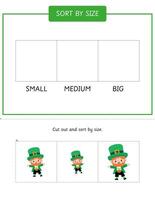 Sort by size activity with leprechauns for St Patricks Day. Educational game. Sorting worksheet vector