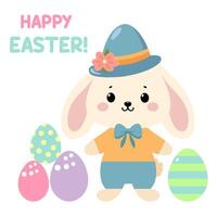 Cute Easter bunny with Easter eggs in flat style and isolated on white. Easter rabbit illustration for kids vector