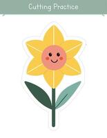 Cutting practice activity with cute flower. Spring worksheet for kids. Educational game for preschool and kindergarten children vector