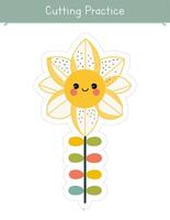 Cutting practice activity with cute flower. Spring worksheet for kids. Educational game for preschool and kindergarten children vector