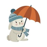 Rabbit with an umbrella hand drawn illustration for kids. Cute rabbit clipart in scandinavian style isolated on white vector