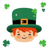 linda duende cara con tréboles para S t patricks día. duende clipart en plano estilo y aislado en blanco para niños vector