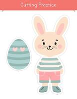 Easter cutting practice activity with cute bunny and an Easter egg. Educational game for preschool and kindergarten kids. Scissor skills activity vector