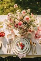 AI generated Country tablescape, formal dinner table setting, table scape with strawberry decoration for wedding party and holiday event celebration, generative ai photo