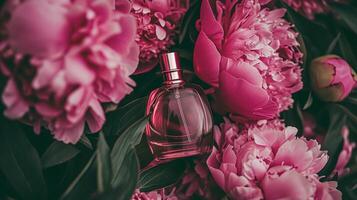 AI generated Perfume bottle in flowers, fragrance on blooming background, floral scent and cosmetic product photo