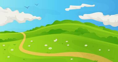 verano pradera paisaje. césped campos con flores y cielo con mullido nubes vector