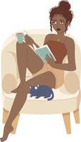 negro niña con gato leyendo un libro a un confortable sillón. acogedor hogar ocio, libro gusano, yo educación concepto. vector