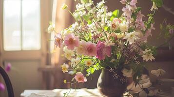 ai generado primavera flores en Clásico florero, hermosa floral acuerdo, hogar decoración, Boda y florista diseño foto