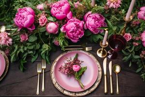 AI generated Holiday tablescape, formal dinner table setting, pink peony table scape with peonies decoration for wedding party and event celebration, generative ai photo