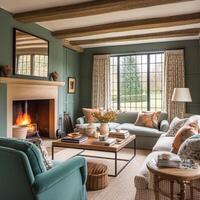 AI generated Cottage interior with modern design and antique furniture, home decor, sitting room and living room, sofa and fireplace in English country house and countryside style photo