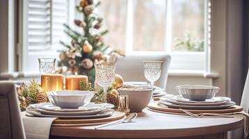 AI generated Christmas holiday family breakfast, table setting decor and festive tablescape, English country and home styling photo