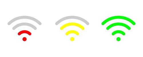 Wi-fi signal strength on white template. Maximum, medium, minimum wireless strength signal. Green, yellow, red indicator. High, low level signal. vector