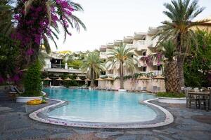 a large outdoor pool on the hotel grounds with blue water and palm trees photo